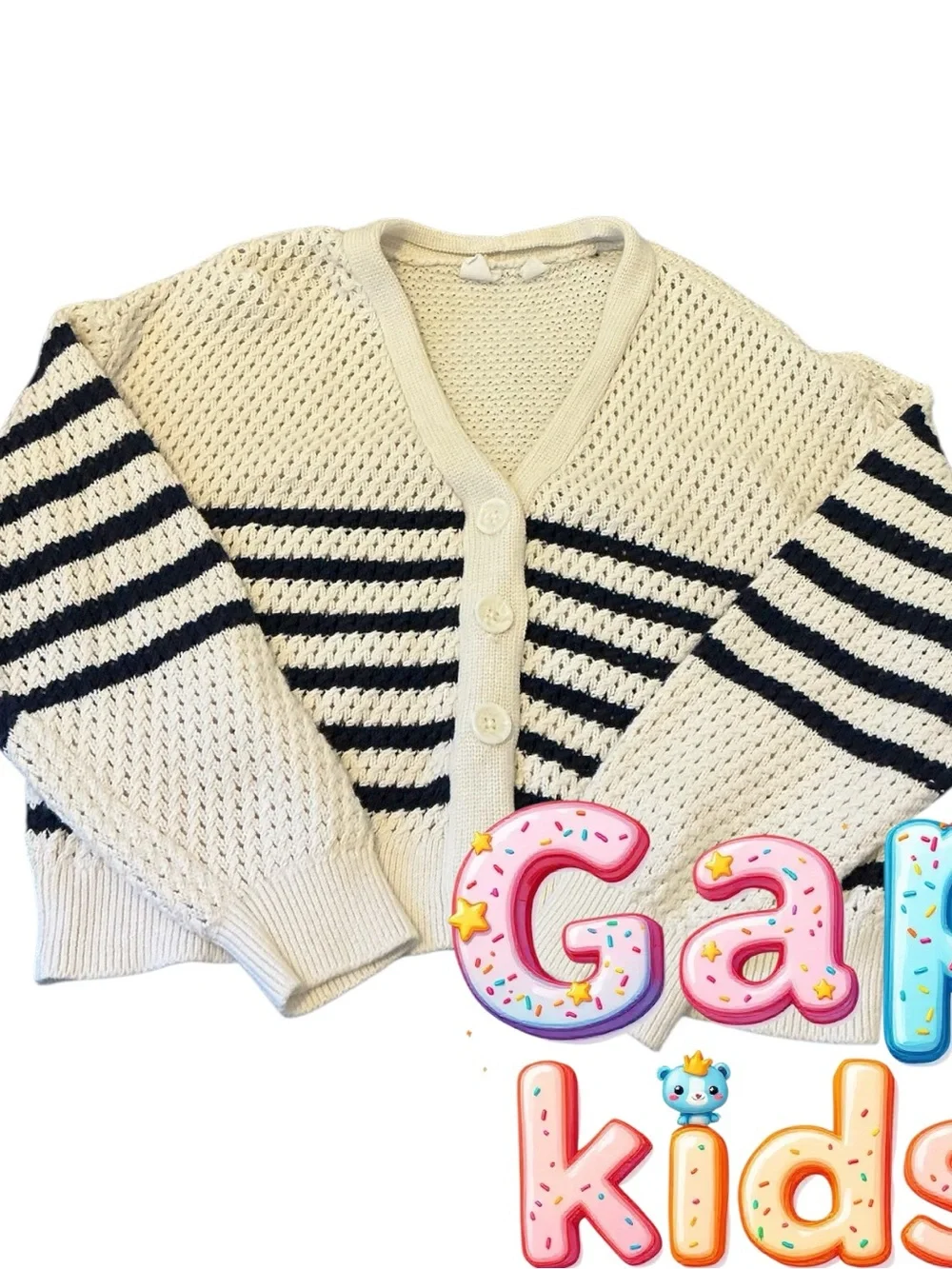GAP Cream and Black Striped Open-Knit Button Cardigan